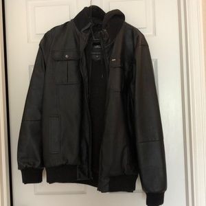 Black leather bomber jacket w/ sweatshirt attached